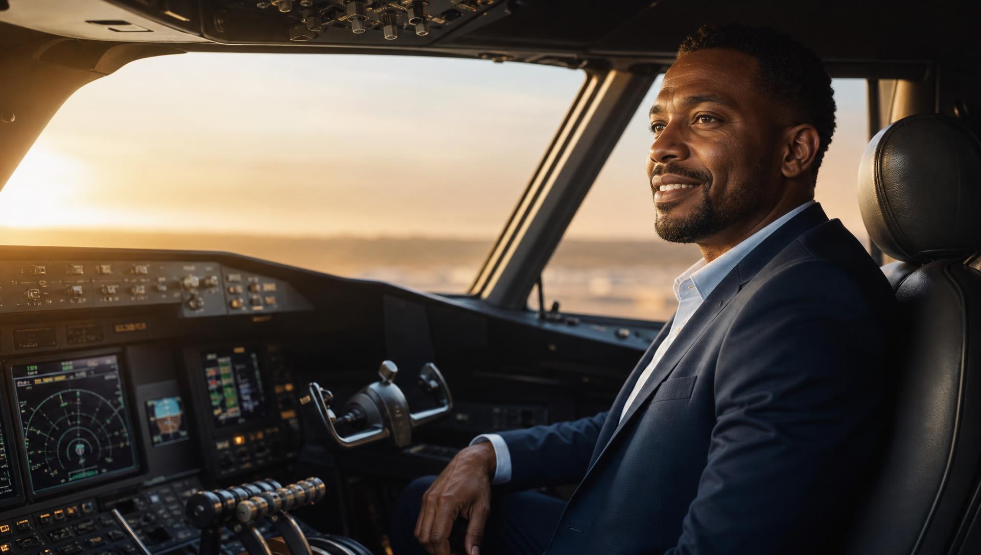 Consultant IT aux commandes d'un cockpit d'avion de ligne au lever du soleil
